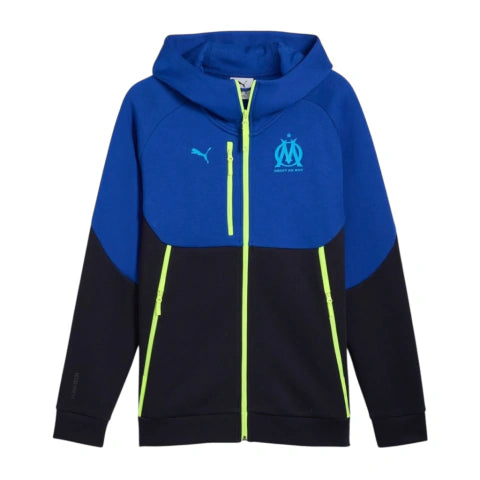 Jaqueta Corta-Vento Olympique Marseille 25/26 - Puma - Azul e preta com detalhes em amarelo neon