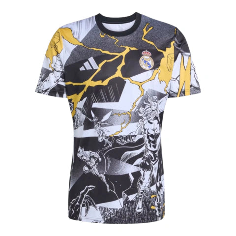 Camisa Real Madrid Pré-jogo Marvel Avengers 25/26 - Torcedor Adidas Masculina - Branca com detalhes em preto e amarelo