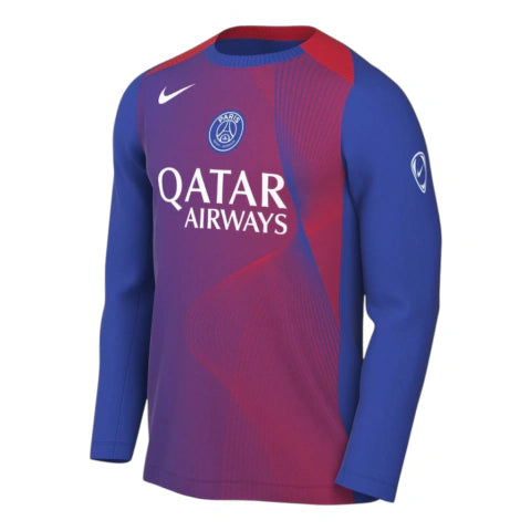 Camisa Paris Saint-Germain Pré-jogo 25/26 manga longa - Torcedor Nike Masculina - Azul e vermelha