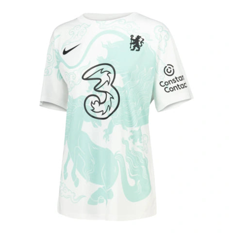 Camisa Chelsea Pré-jogo Edição especial Ano do Cavalo 26/27 - Torcedor Nike Feminina - Branca com detalhes em verde