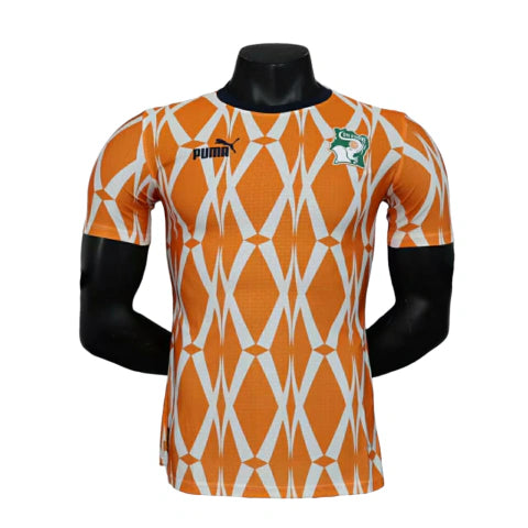Camisa Seleção Costa do Marfim Pré-Jogo 23/24 - Jogador Puma Masculina - Laranja com detalhes em branco e verde