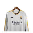 Kit Infantil Real Madrid I manga longa 23/24 - Adidas - Branco com detalhes em preto e amarelo