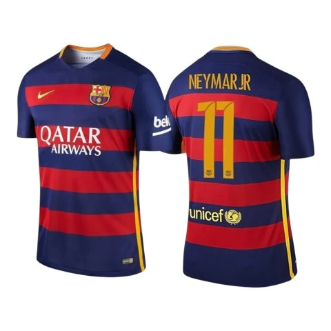 Camisa Retrô Barcelona I 2015/16 - Masculina Nike - Azul com listras em vermelho e detalhes em amarelo
