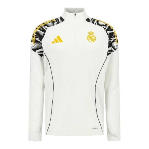 Camisa Real Madrid Pré-jogo Marvel Avengers 25/26 manga longa - Torcedor Adidas Masculina - Branca com detalhes em preto e amarelo