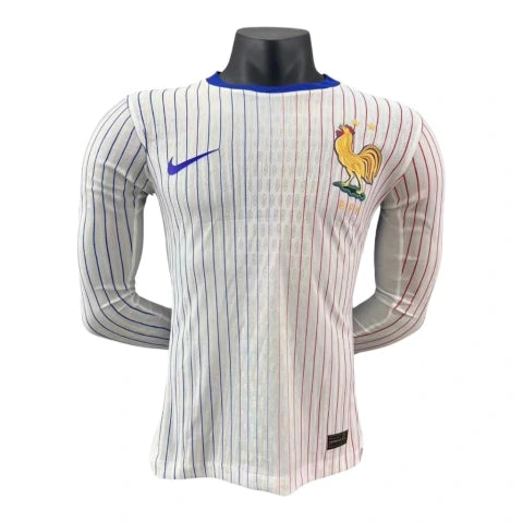 Camisa França II 24/25 manga longa - Jogador Nike Masculina - Branca com detalhes em azul e vermelho