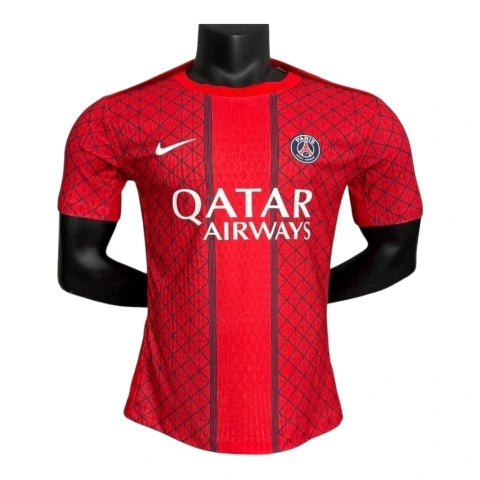 Camisa Paris Saint-Germain Pré-jogo 25/26 - Jogador Nike Masculina - Vermelha com detalhes em azul