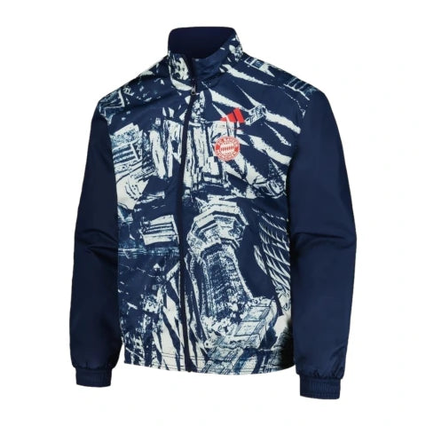 Jaqueta Corta-Vento Dupla Face Bayern de Munique Pré-jogo 23/24 - Masculina Adidas - Azul com detalhes em branco