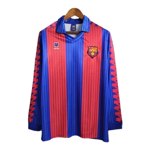 Camisa Retrô Barcelona I 1992 manga longa - Masculina Meyba - Azul e vermelha