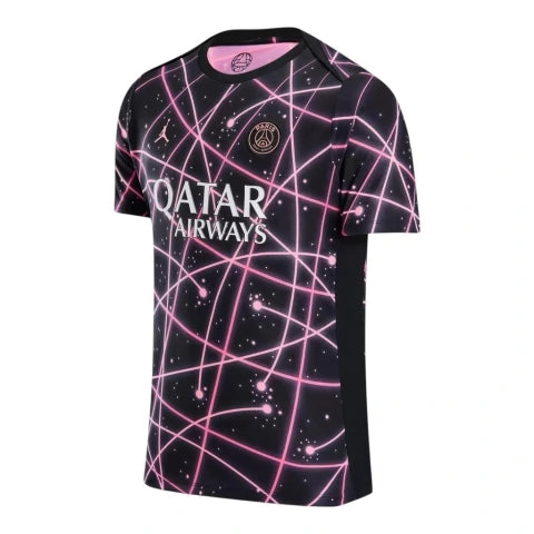 Camisa Paris Saint-Germain Pré-jogo 25/26 - Torcedor Jordan Masculina - Preta com detalhes em rosa