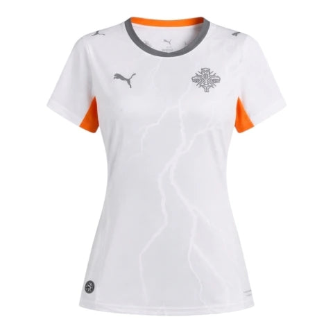 Camisa Seleção Islândia II 26/27 - Torcedor Puma Feminina - Branca com detalhes em cinza e laranja